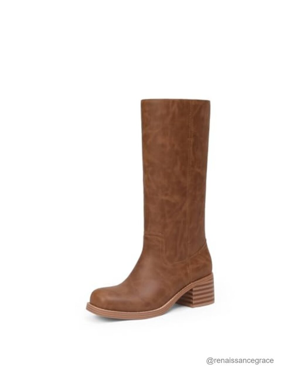 Women Mid Calf Boots Chunky Block Low Heel Square Toe Faux Leather Casual